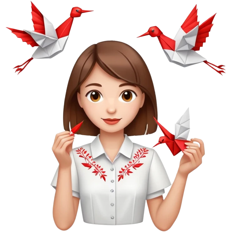 A happy Ukrainian young girl with brown hair in a white embroidered shirt makes an origami red crane craft emoji