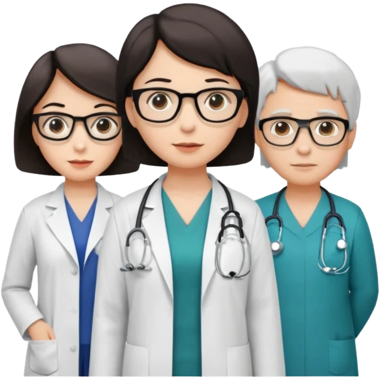 Create four doctors grouped together. Place a female doctor with dark brown short bob hair prominently in the front. Behind her, include:

a doctor with white hair wearing glasses,

a young male doctor with black hair and no glasses,

and a female doctor with black short bob hair wearing glasses. emoji