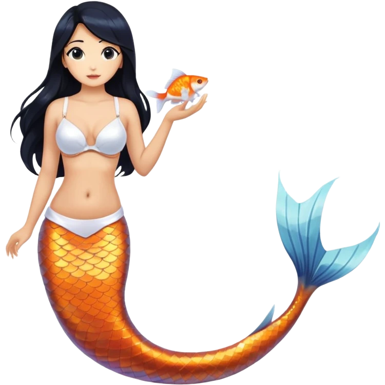 mermaid, long black hair tanned woman, koi fish tail, white shell bra. full body emoji
