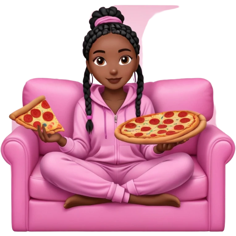 A dark-brown-skinned Black woman with black box braids, sitting on a pink couch, holding an open pizza box.She’s wearing comfy loungewear, looking relaxed and enjoying her food. emoji