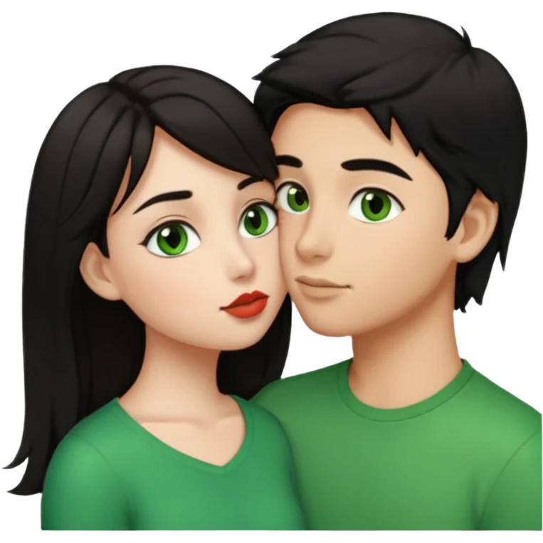 a girl with black hair and green eyes kissing a boy with brown hair and brown eyes, emoji style emoji