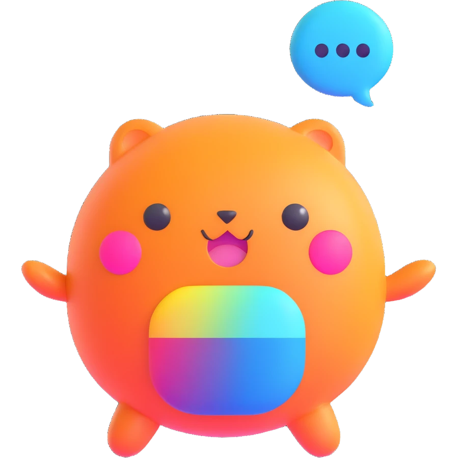 Retro game mascot — like a Tamagotchi-style AI creature, round and colorful with a speech bubble. emoji