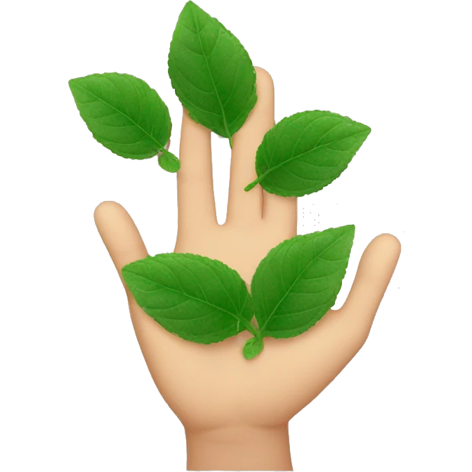 Mano con 5 dedos al lado de una hoja de menta al lado de 2 tipos de ríos emoji