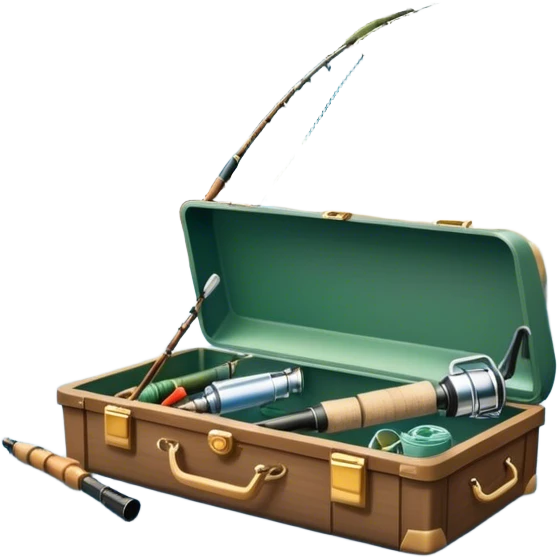 Icon for Fishing: a fishing rod and tackle box next to a boat on the shore of a serene lake, with a scenic natural background, including trees and water. The icon should represent the peacefulness of fishing. Transparent background, no border. emoji