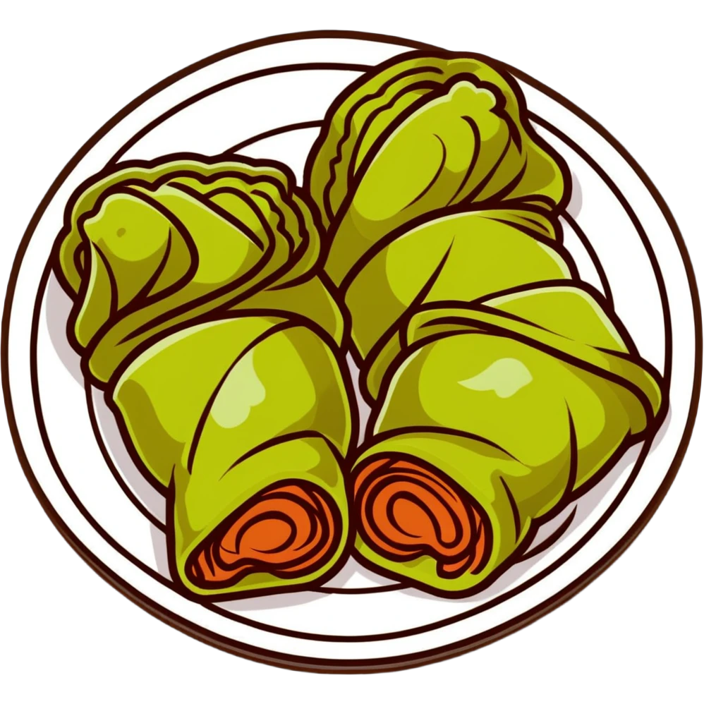 cute and cartoonish sarma, traditional stuffed cabbage rolls on a plate emoji