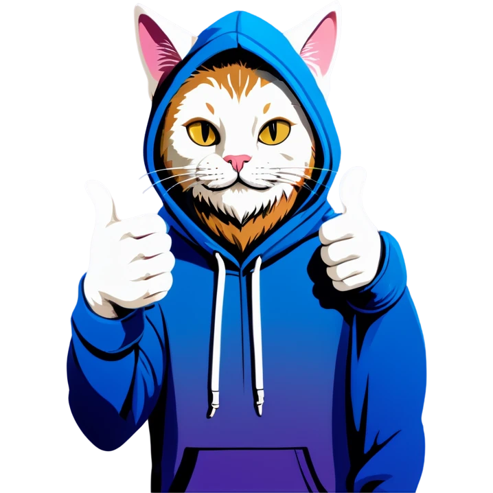 Cat with beard and hoodie , thumbs up emoji