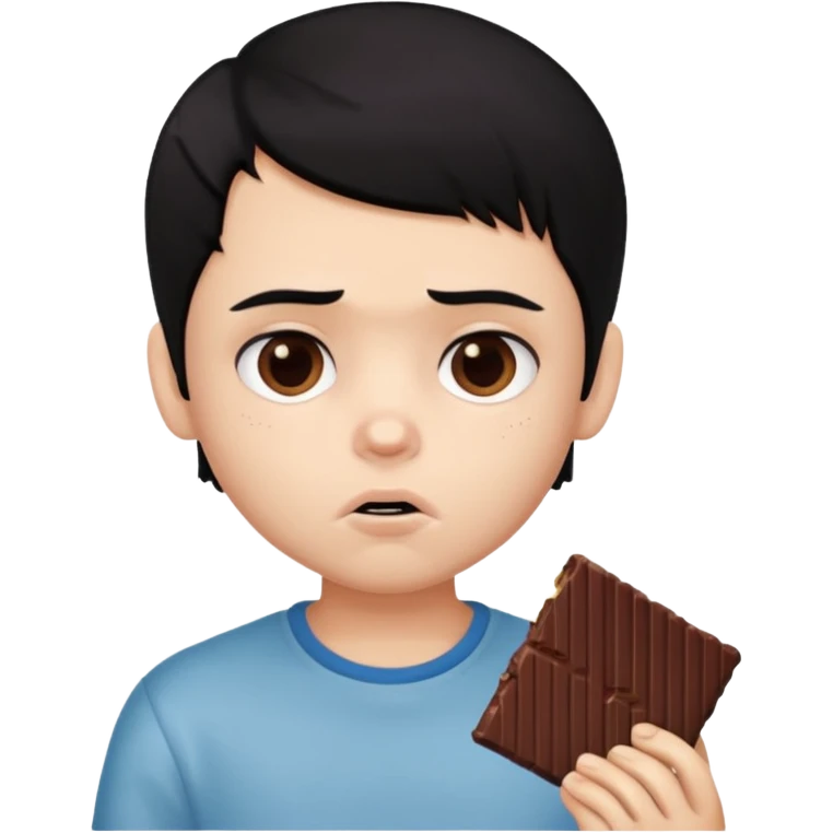a PRETTY BRATZ boy with black hair eating chocolate and looking sad emoji
