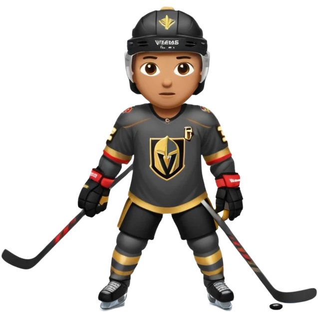 A hockey player in a Vegas Golden Knights black & gold jersey, red accent glow, centered stance, stick on the ice, confident posture. Background subtle red aura with a knight-helmet inspired motif. Clean, bold, emoji-style. emoji