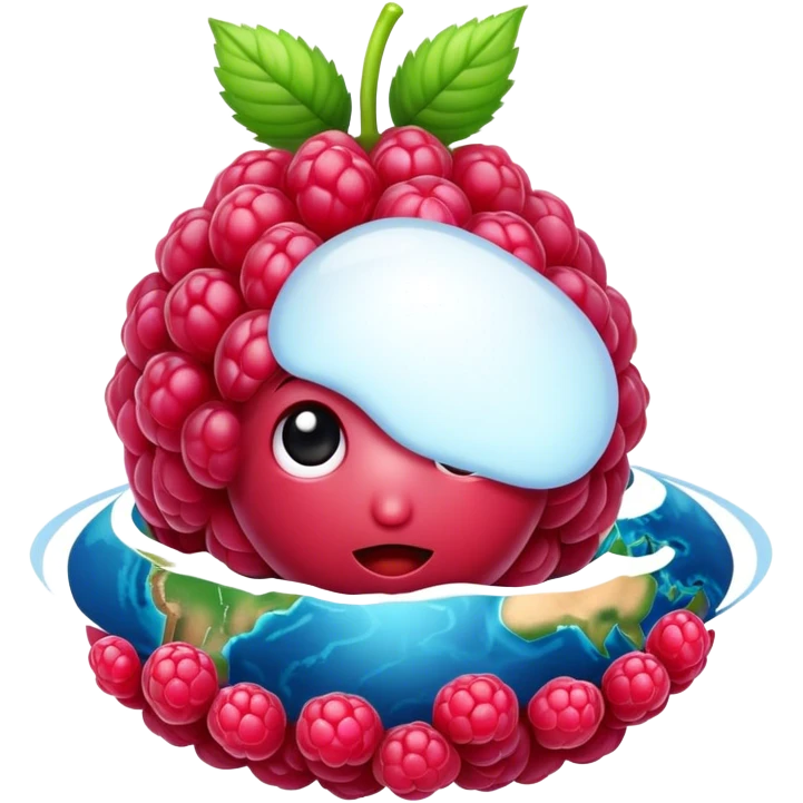 A raspberry holds the world emoji