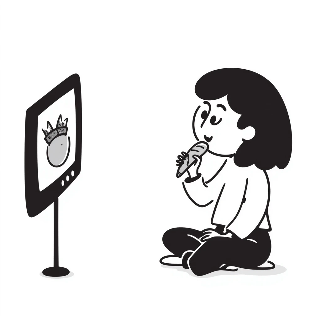 sketch of girl watching TV and eating, simple lines emoji