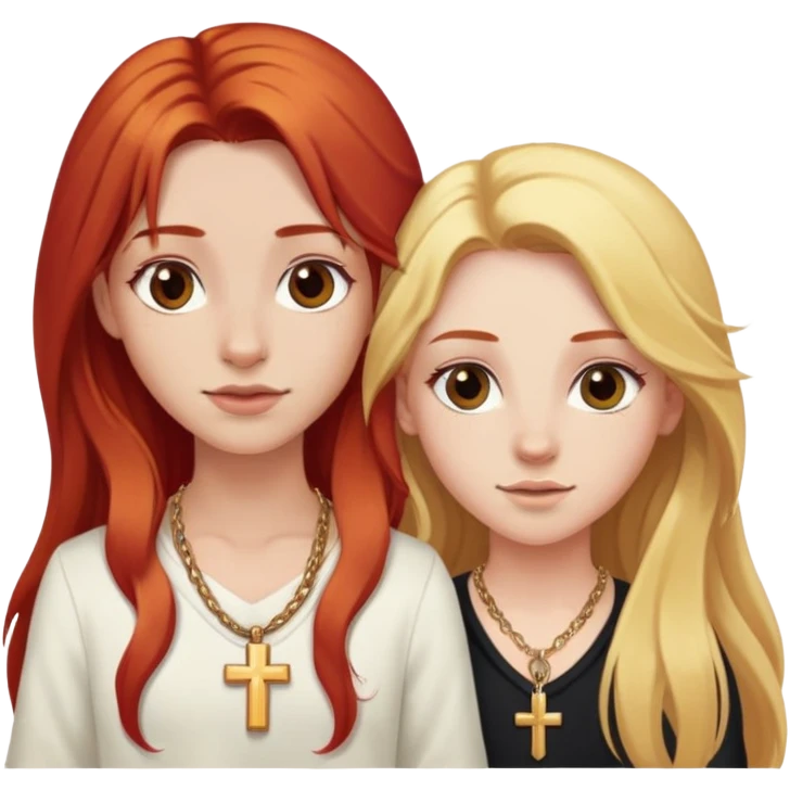Red hair girl with long hair, a nose ring and blonde hair girl with long hair and a cross necklace posing emoji