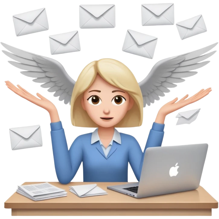 tired woman sitting at a desk with a MacBook, holding her arms out to the side, surrounded by flying papers emoji