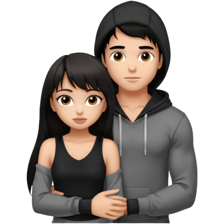 generate a pretty bratz girl in black cami top, dark brown straight long hair with bangs, eyeliner on, 

hugging a handsome muscular boy with black hair and a grey hoodie emoji