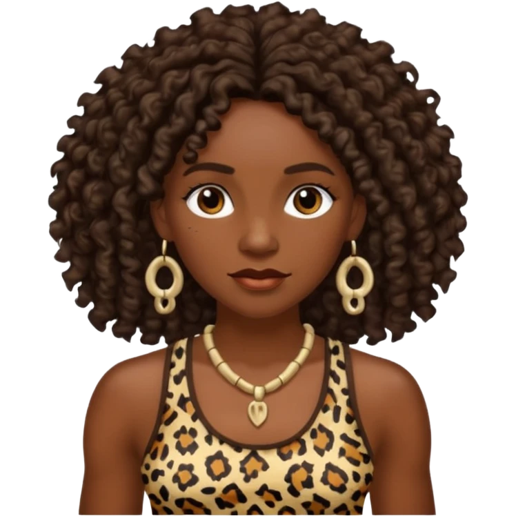 cavewoman with dark brown curly hair wearking animal print tank top and accessories emoji