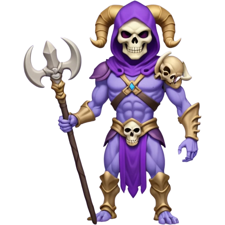 Skeletor, menacing pose, holding staff with ram skull, purple armor emoji