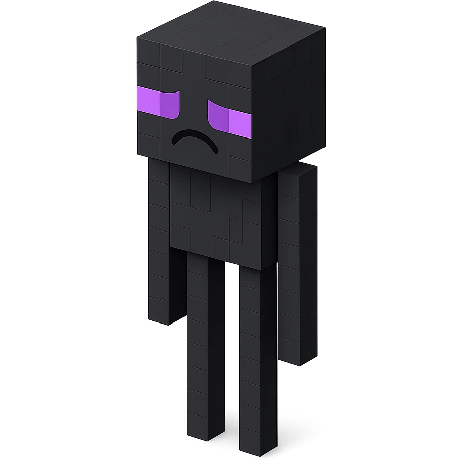 Minecraft Enderman, 3D blocky voxel style, tall and black with purple eyes, facing forward, sad expression, classic Minecraft look emoji