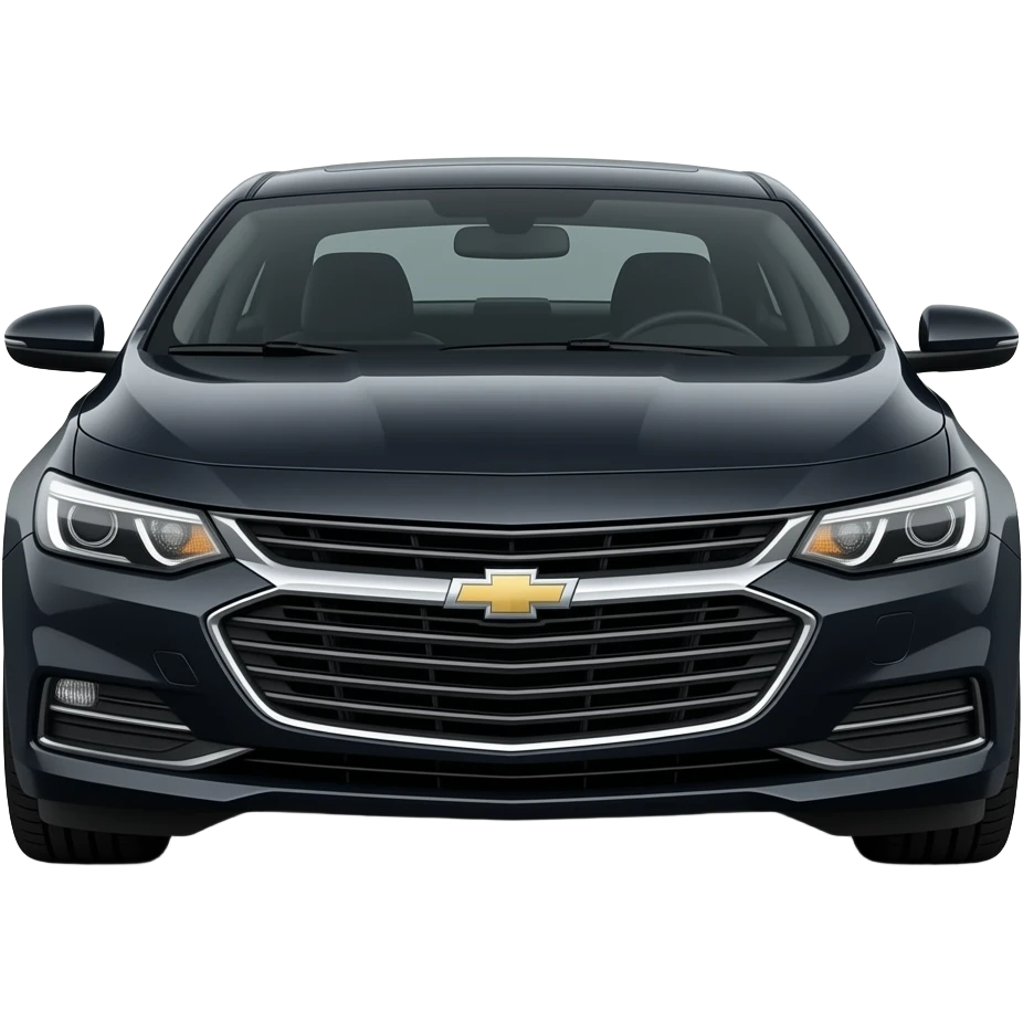 A realistic, high-detail photograph of a glossy black Chevrolet Malibu 2 Turbo Premier sedan with tinted windows and black alloy rims, on the front led lights emoji