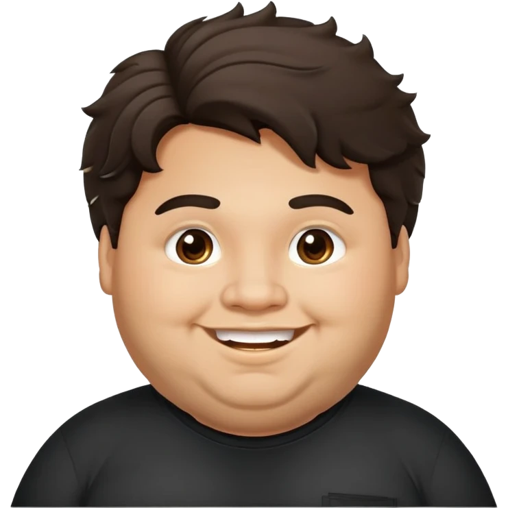 Joven obese, pelo largo, cuerpo grande, latino piel canela, cara redonda-ancha, scruff sin barba completa, cejas gruesas, pelo oscuro ondulado flat largo hasta el cuello. Sonrisa amplia, expresión alegre. Camisa negra. Size large.  emoji