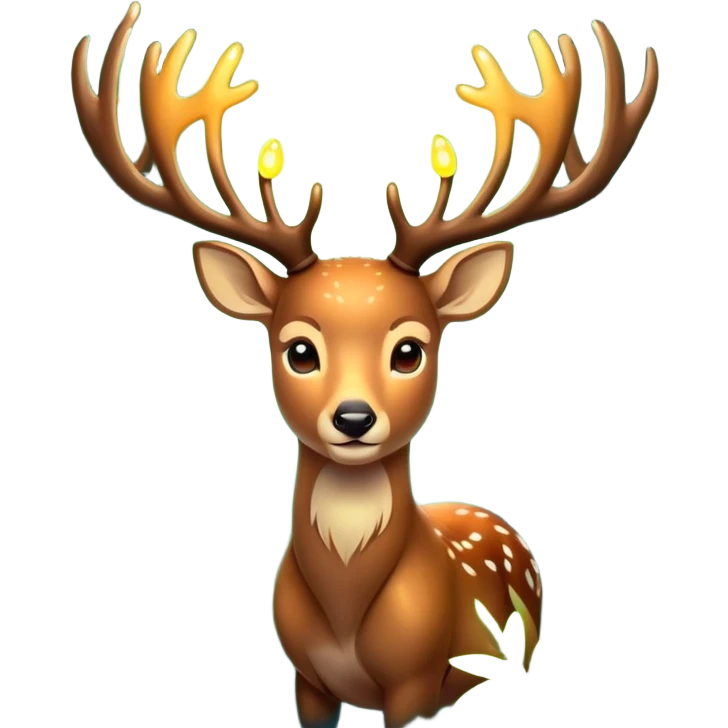 A mystical forest deer with glowing antlers, surrounded by fireflies and soft green foliage, in a magical woodland setting, emoji style emoji