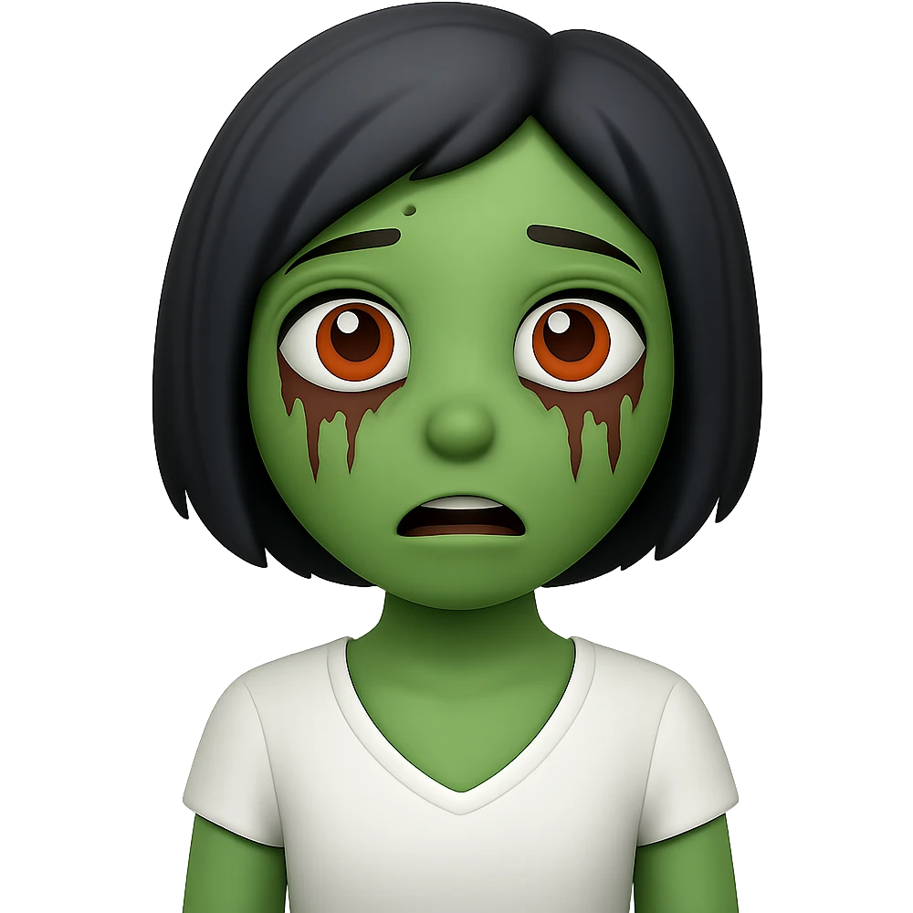 Make the character's hair short while keeping the same style, color, and overall look. Preserve the green skin, big eyes, and white shirt. No background. emoji