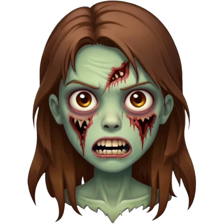 Girl zombie with brown long hair with teeth and serious face  emoji