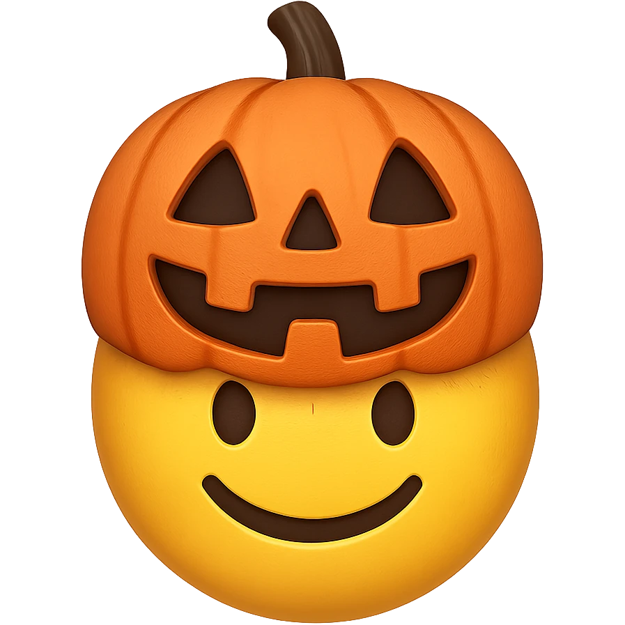 yellow face with orange pumpkin mask emoji, digital illustration emoji