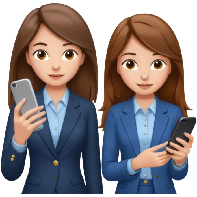 two brown haired girls, looking professional maybe leaned back on back and looking forward and using phones, with longer hair and with some cute clothes emoji