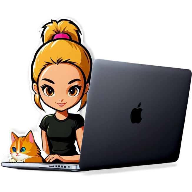 Blonde girl ponytail macBook and a cat emoji