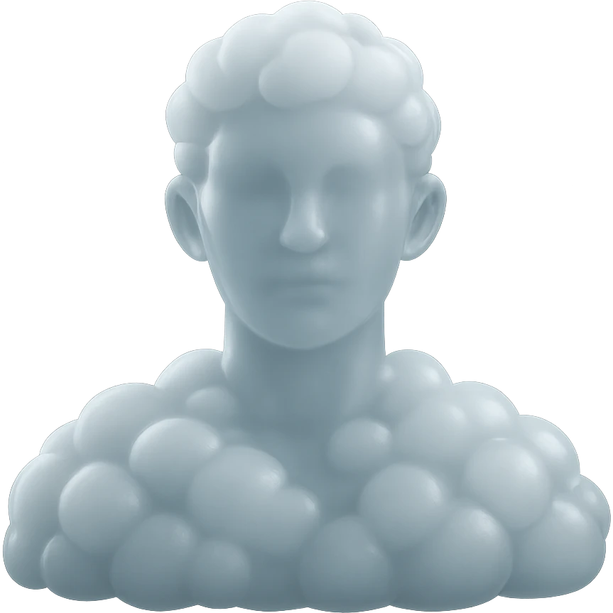 person looking straight, shoulders up, fully composed of white fluffy convex clouds, matte glass style, clouds voluminous and soft emoji
