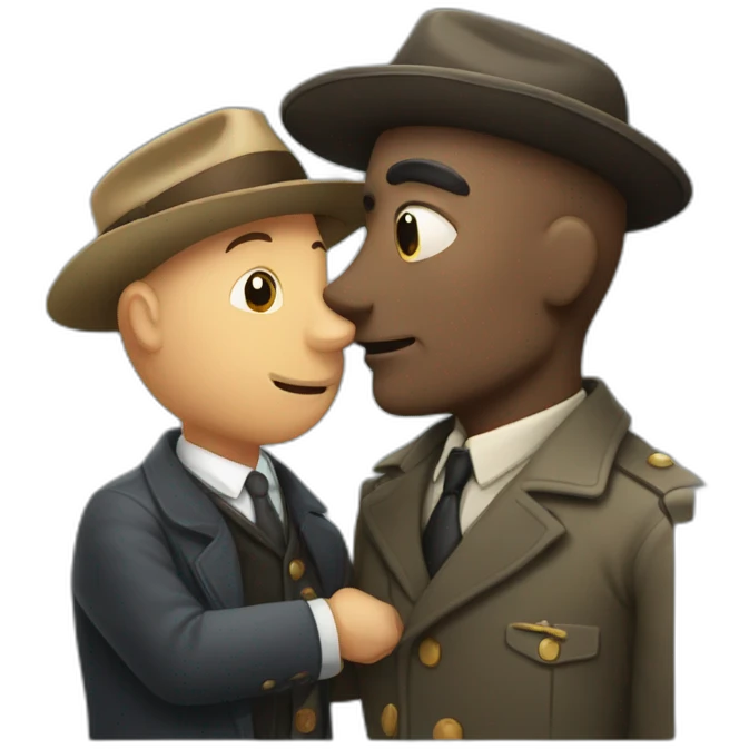 African bald older  man detective with hat kisses older european man detective  emoji