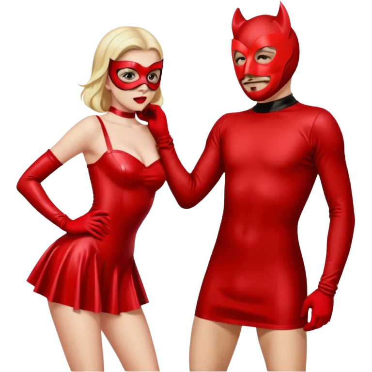 Woman in short red latex dress bent over in front of masked man emoji