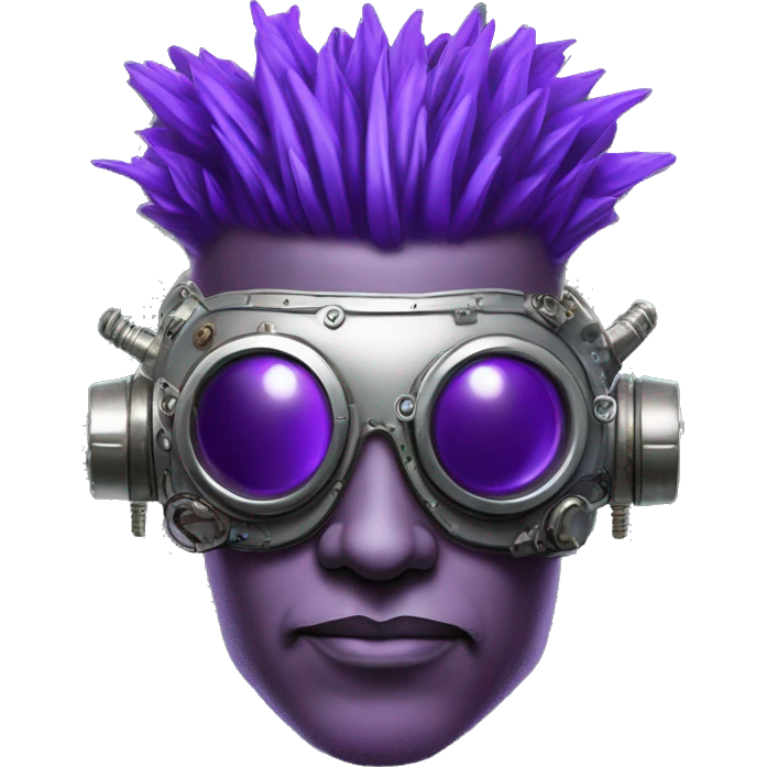 Purple mohawk cyborg head with silver steampunk goggles, goatee and circuits emoji