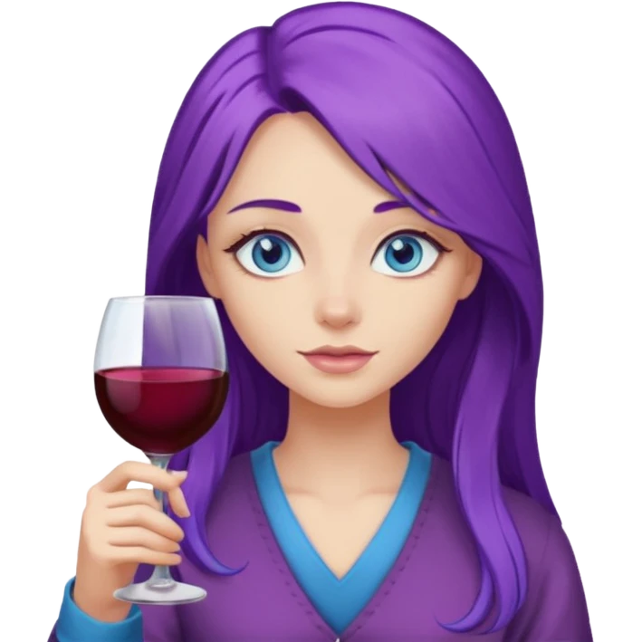 Girl with blue eyes and purple hair with glass of wine  and long hair emoji