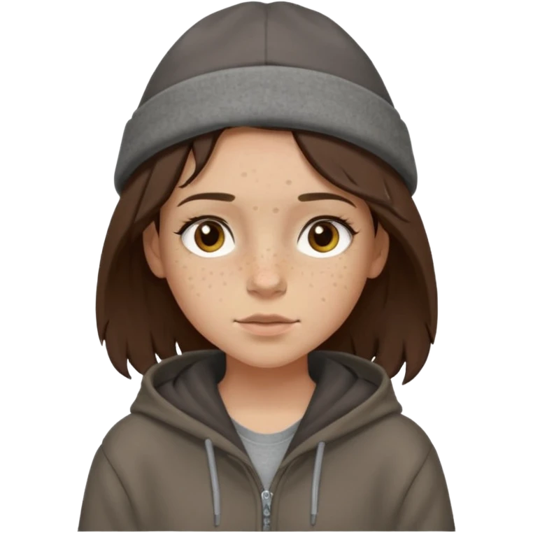 Hobo tomboy with light skin, freckles, shoulder-length center-parted dark brown hair. brown eyes, dark dull brown hoodie, grey shirt. Bolero hat emoji