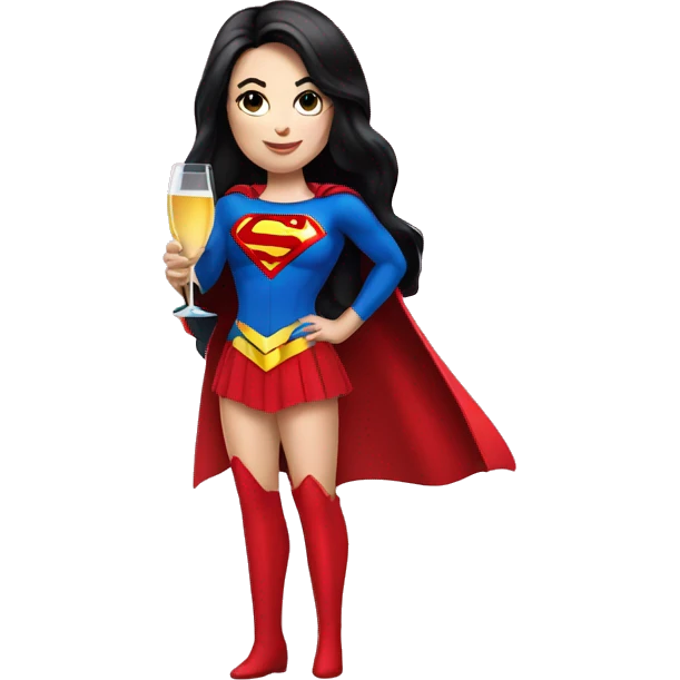White girl in a superwoman costume with long black hair holding a champagne bottle emoji