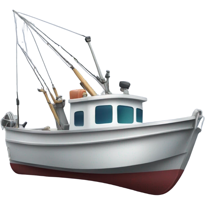 A little aluminium open fishing boat with no cabin, an outboard motor and lots of fishing rods on the sea emoji