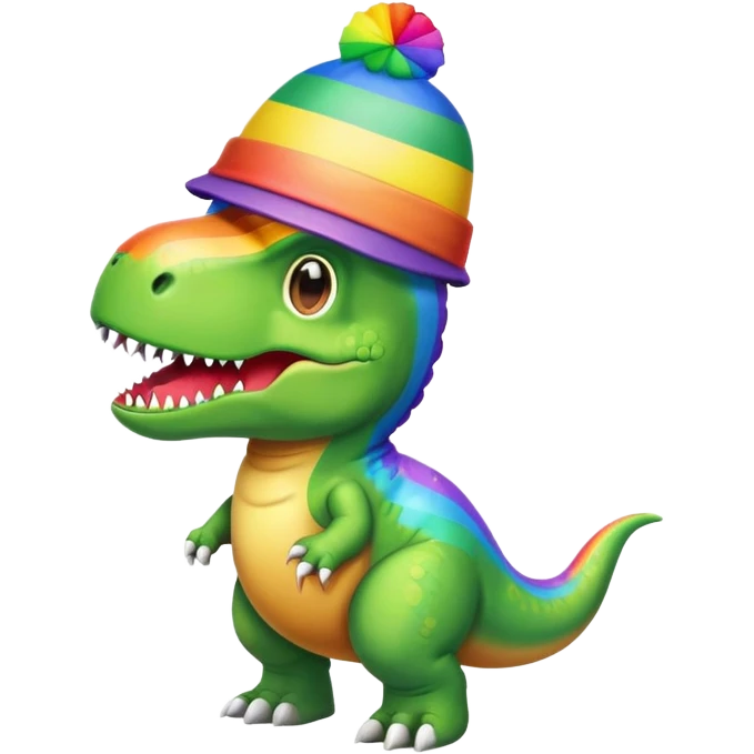 a nostalgic t-rex wearing a rainbow cap emoji