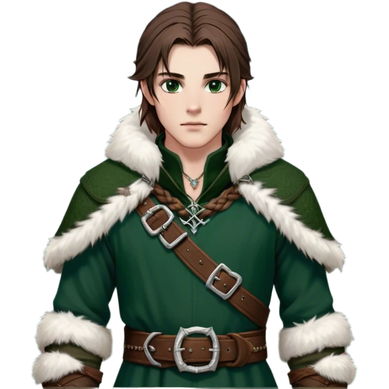Medieval winter outfit worn by a DnD themed fantasy male character. Double-layered hunter green wool tunic with sable fur collar, featuring silver chain closures and a thick braided leather belt with iron fittings. Clothes only above the waist, full waist coverage. The character has no arms. Character is white-skinned with rich brown hair, amber-flecked eyes, and medium-length straight hair with ice-rimmed edges. emoji