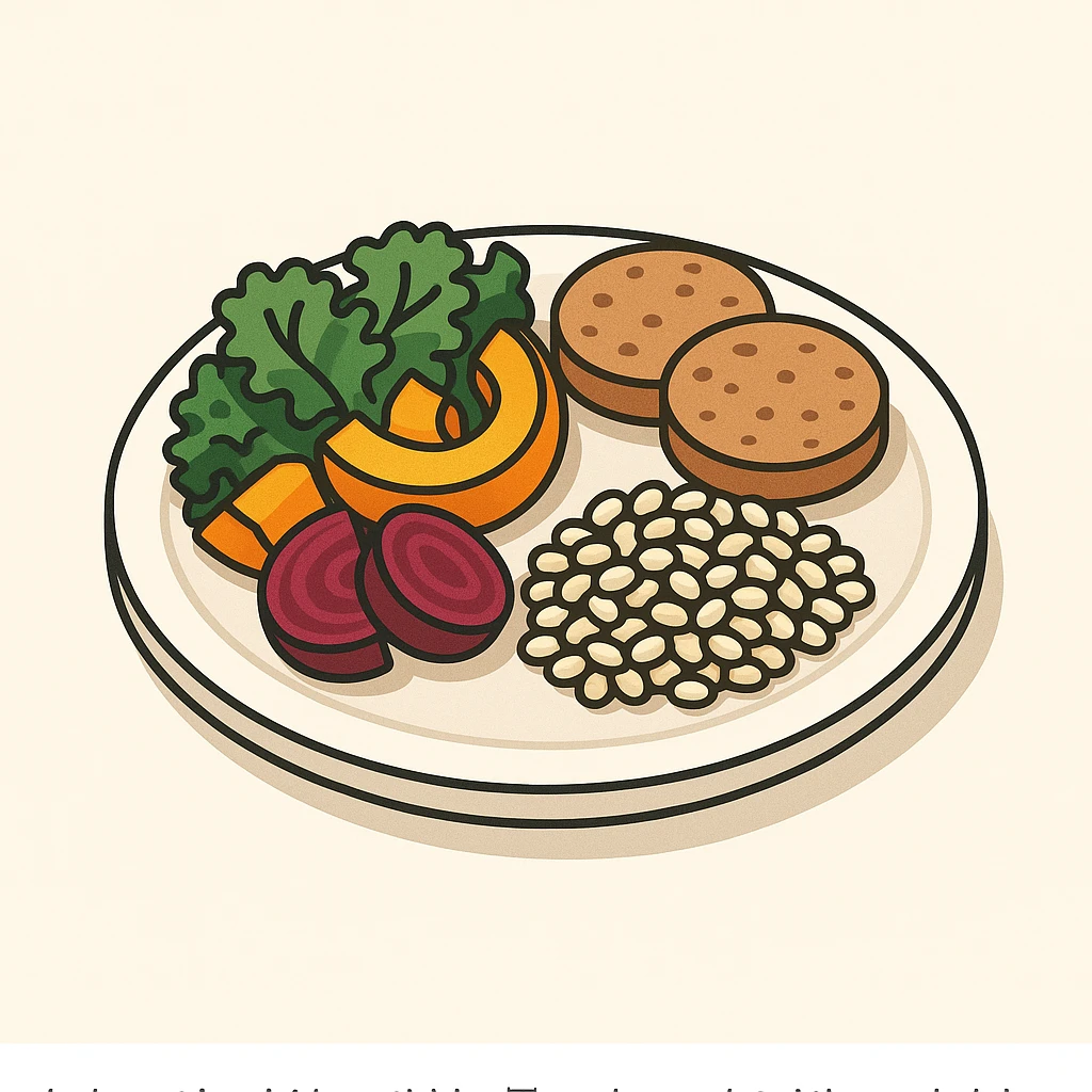 Harvard plate, half with kale, roasted pumpkin, and beets, one quarter with lentil patties protein, one quarter with barley complex carbs, 2D isometric illustration style emoji