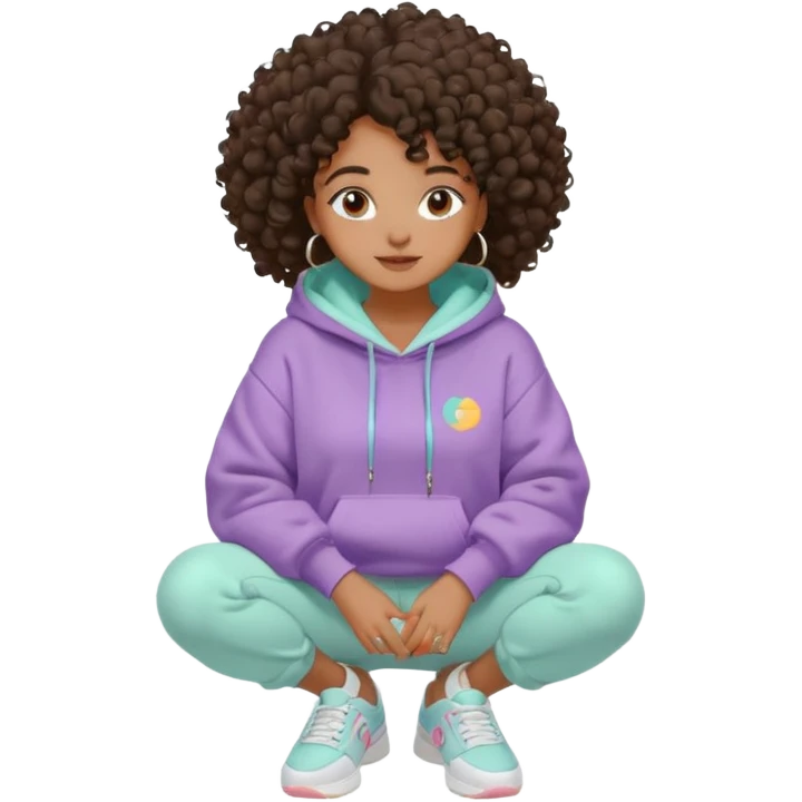 Black girl, clean girl aesthetic, 4C curly hair in a puff, pastel hoodie, white sneakers, minimal jewelry, soft smile, cozy vibe, bright colors comendo panquecas emoji
