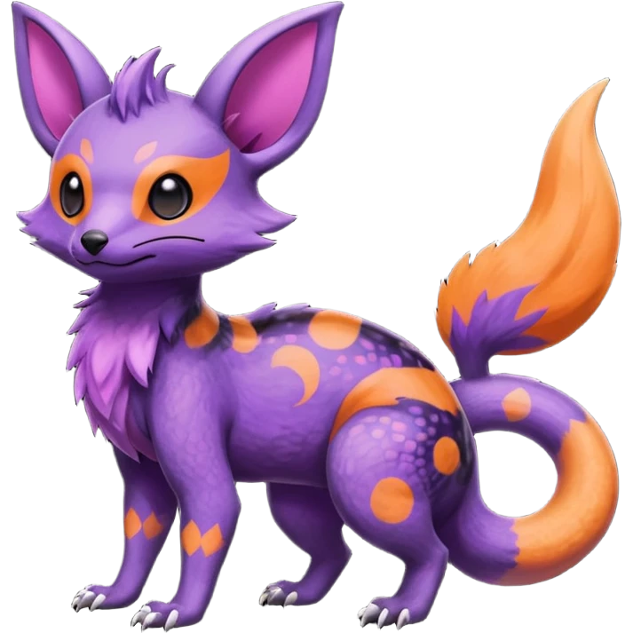 Rare epic aesthetic colorful Salandit-Noibat-Eevee-Civet-species-Fakemon-hybrid-creature, with markings, full body emoji
