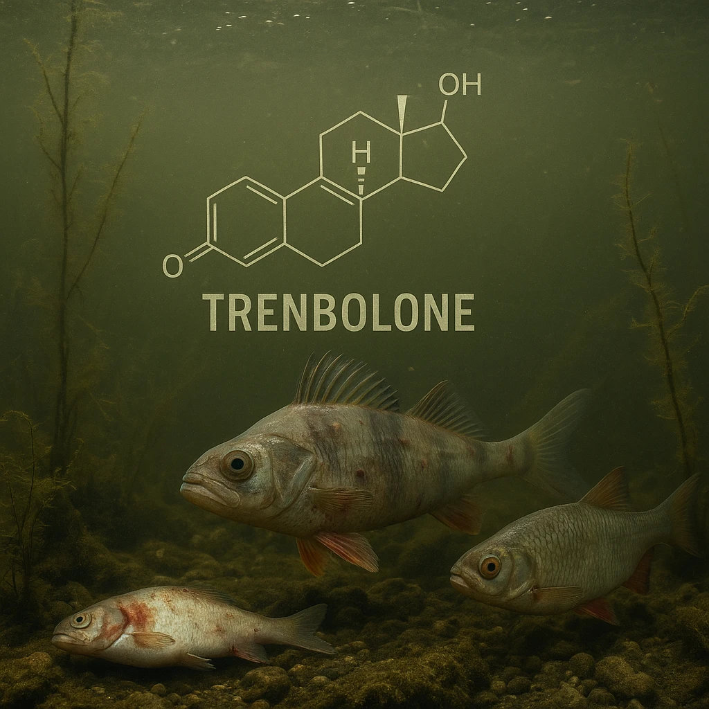 realistic aquatic ecosystem with fish, presence of trenbolone molecules in the water represented by symbols or labels, serious atmosphere, visible negative effects on fish or environment, realistic details emoji