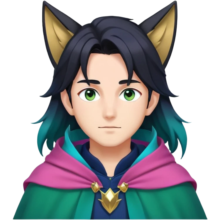 anime man with long-straight-dark-black-gradient hair, long black fox ears with pink Scapha, hazel-gradient-brown-turquoise eyes, gold earring, dark-blue-sweater, green cape,  emoji