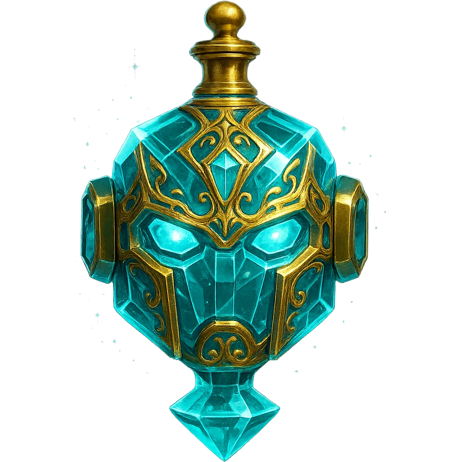 very luxurious crystal elixir bottle in the shape of a robot head, cyan color, lots of glowing, edges, ornaments, golden details, magical effects, very small golden neck, transparent background, beautiful merging bottom, clearly floating in the air, no base or shadow, premium class, futuristic, matching the collection emoji
