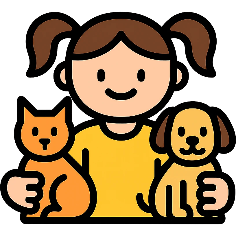 small girl with pigtails holding a cat in one arm and a dog in the other, icon style, clean outline, cheerful expression emoji