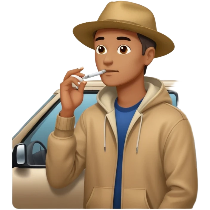 Leaning on the hood of his SUV with a cigarette emoji