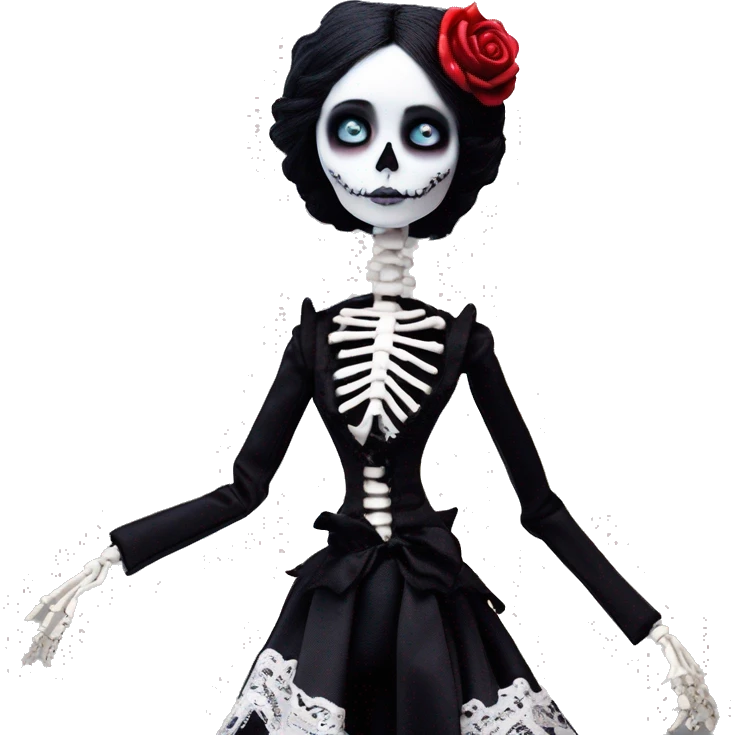full height skeleton, tim burton "corpse bride", thin porcelain doll with a cracked face, goth makeup watery eyes, long hair, lace and ruffles, lolita style, inked, black and white, red roses, gothic castle with roses emoji