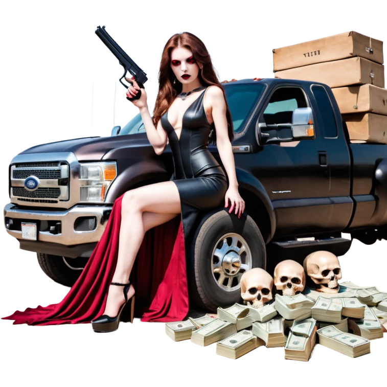 Lilith symbol red eye seductress evil long brown haired sexy succubus woman with leather long dress with slit, sitting in Big Large F350 pickup truck. Black Platform high heels on feet. Back of truck full of stacks of cash, sitting behind her is  a human skull with a gun in other hand emoji