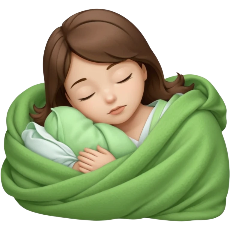 Sleeping child with brown hair wrapped in a light green blanket with a white bow over the blanket emoji