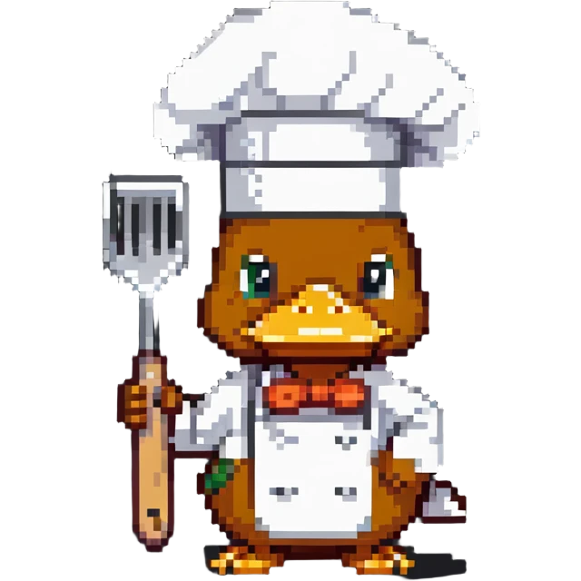an interesting duck holding a spatula and wearing a chef's hat, thinking about what to eat today emoji